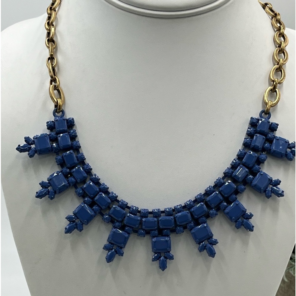 J. Crew Gold‎ Tone Matte Blue Rhinestones Art Deco Bib Style Statement Necklace